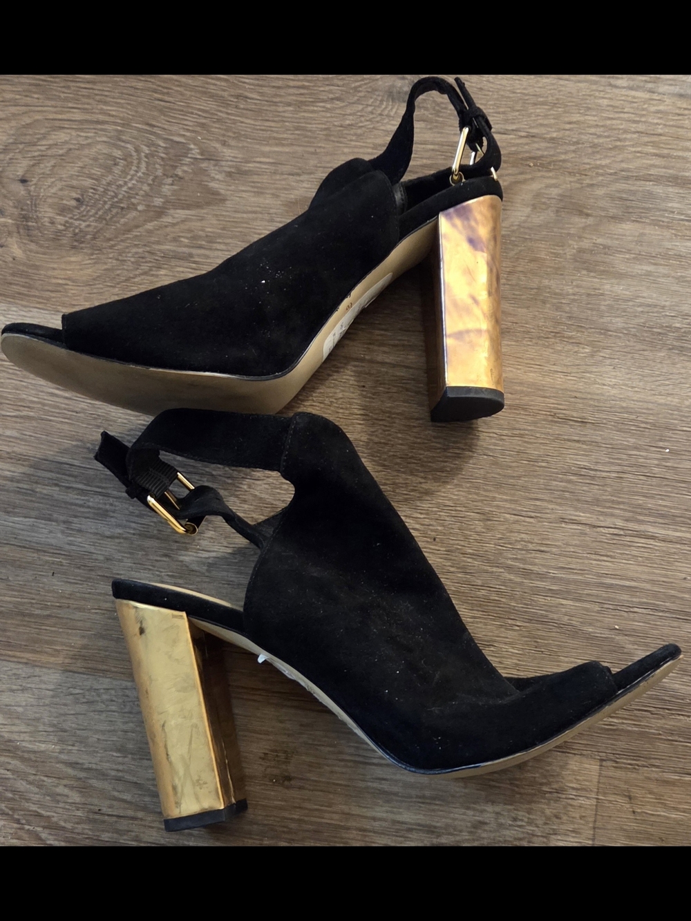 kate spade Black Suede Open-Toe Ankle Mules with Gold Buckles - Picture 5 of 6